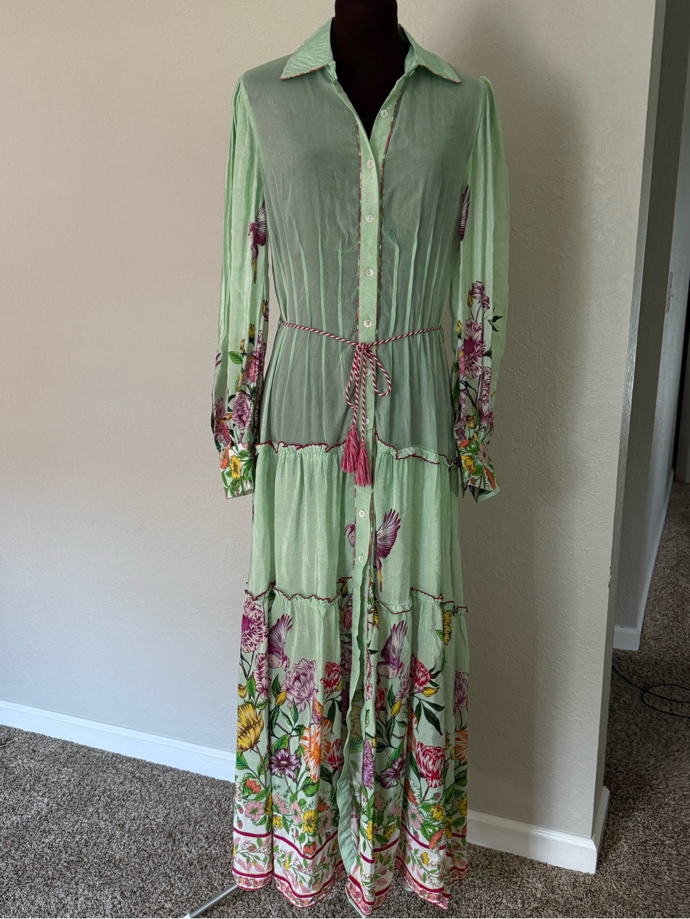 TAJ by Sabrina Crippa Mint Floral Bird Maxi Shirt Dress XS Boho Resort